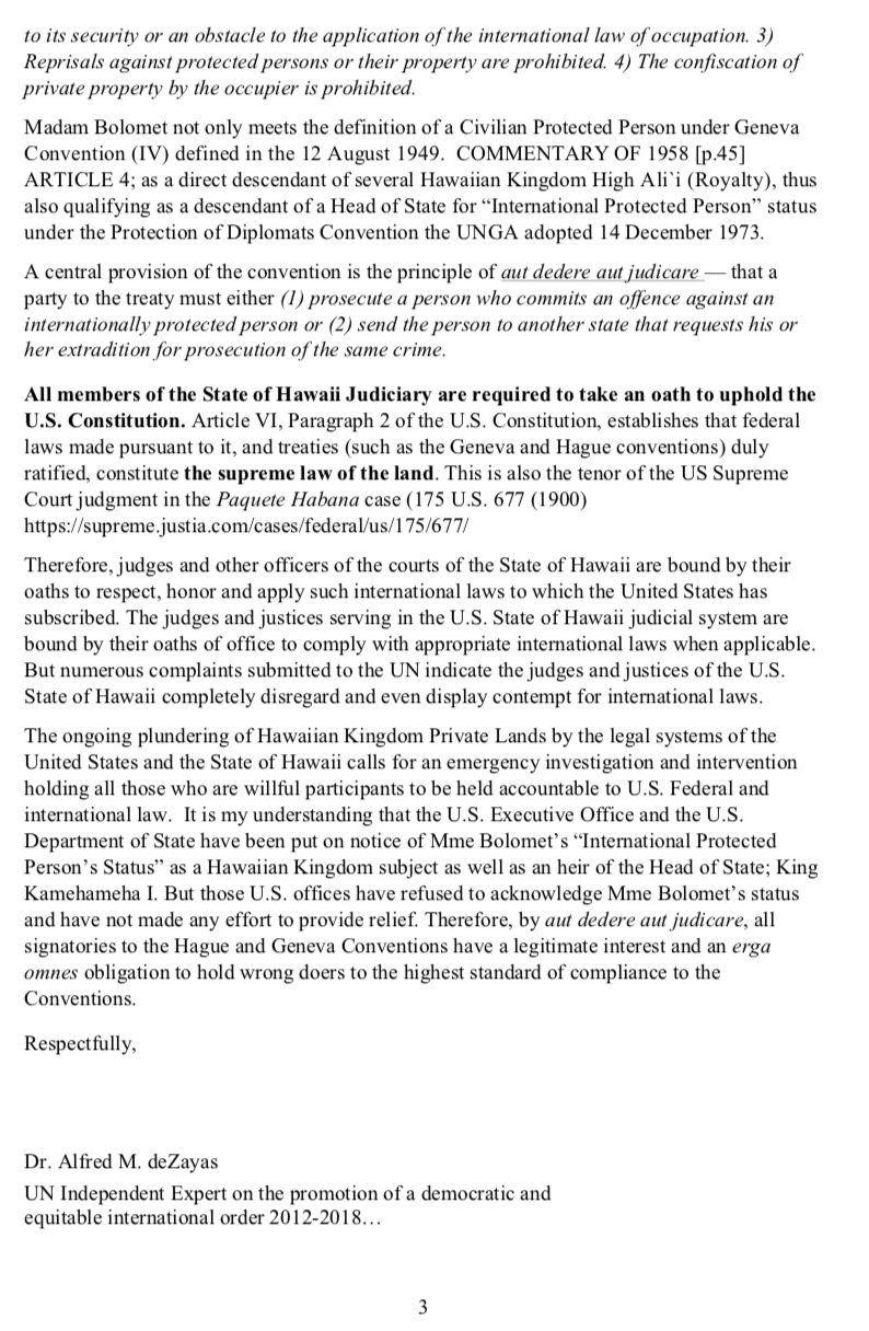 Alfred de Zayas letter Hawaii UN geneva secretary general